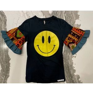 Poor Pitiful Pearl Smiley Face Don’t Worry Reworked Up-Cycled Ruffle Tee Shirt